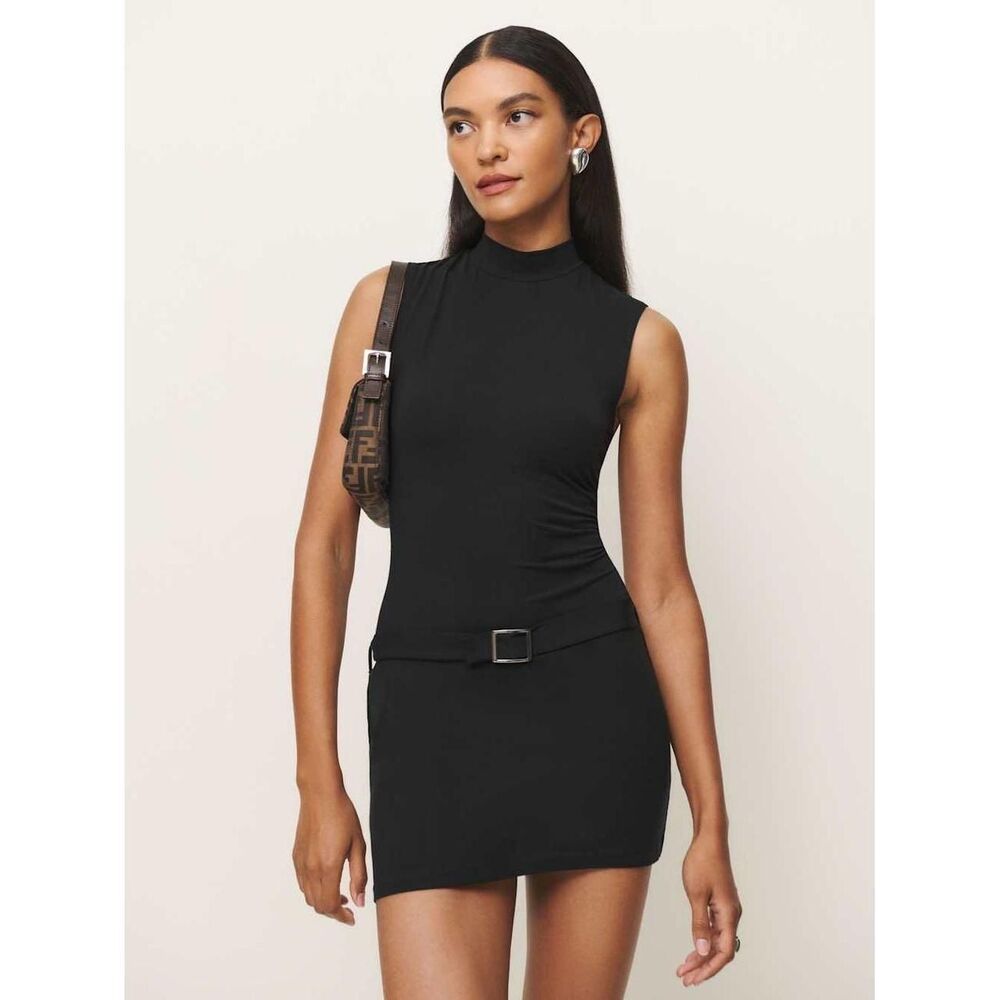 New Reformation Jemma Mock Neck Sleeveless Belted Mini Dress in Black Size Large